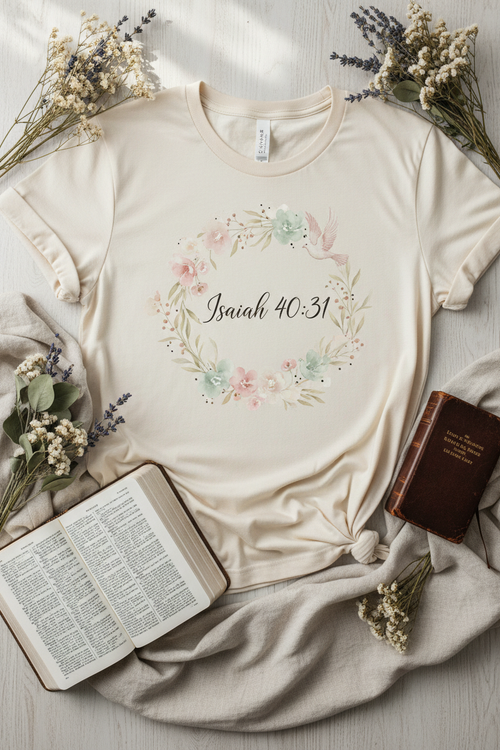 Isaiah 40:31 biblical scripture t-shirt with soft watercolor florals and eagle wings design